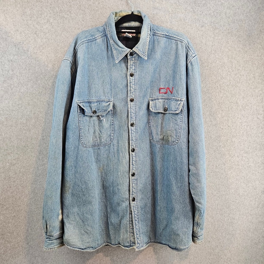 CINTAS | Mens 2XL Blue Denim Fleece Lined Work Shirt Jacket CN Railway Logo Vtg